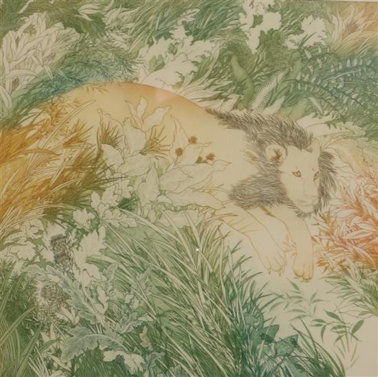 Anna Pugh, 3 limited edition prints, Leaping Lion, Bright Tiger and Leopard, signed in pencil, 36 x 36cm